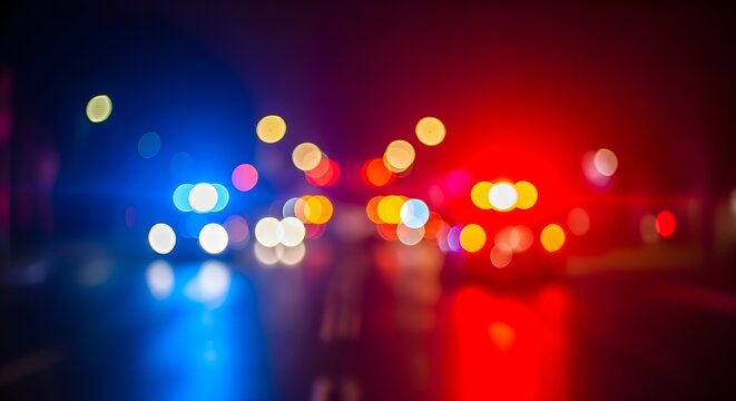 Blurry nighttime scene of colorful emergency vehicle lights on a dark road with a shallow depth of field and warm tones.