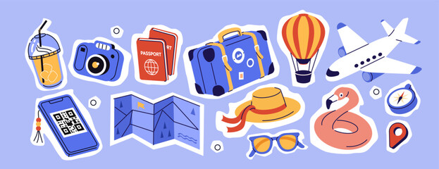 Fototapeta premium Suitcase, airplane, passports, other travel accessories and summer vacation cutout collage elements. Tourism holiday design.