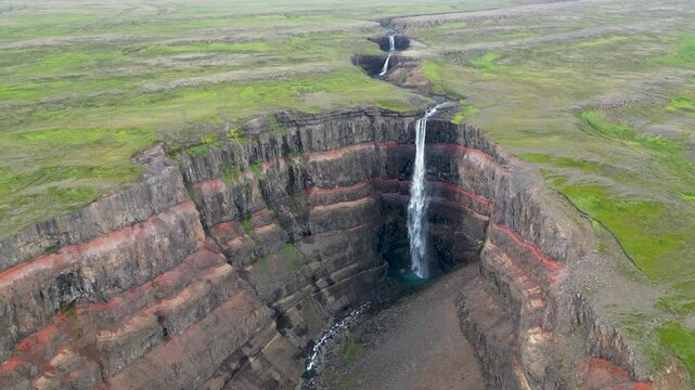 Aerial view of Haifoss waterfall and basalt canyon in Iceland Highlands