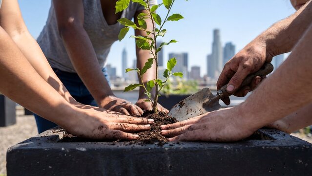 People planting tree in city park with hands and shovel on sunny day