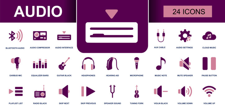 Audio icon set. Containing bluetooth audio, aux cable, headphones, microphone, equalizer bars, radio, volume controls, cloud music and more. Clean solid fill vector icons collection.