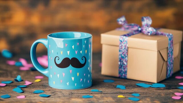 Quirky mustache mug and gift box amidst colorful confetti on rustic wooden table