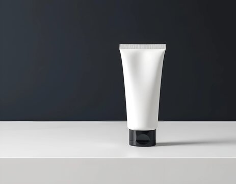 Elegant white tube mockup on a white table with a black background. Ideal for premium men's grooming, facial cleansers, or high end professional cosmetic branding.