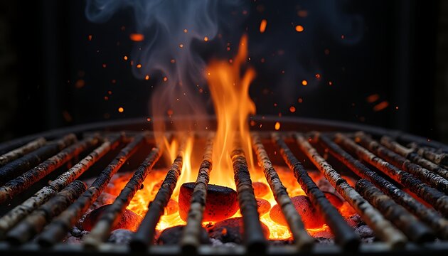 Close up of glowing embers and flames on a charcoal grill