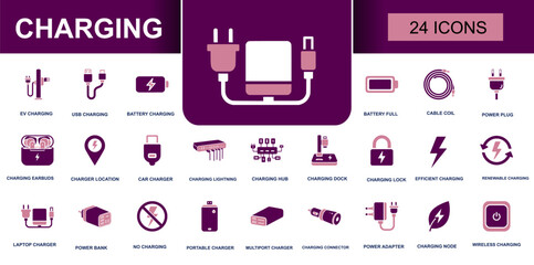 Charging icon set. Containing EV charging, USB charging, battery full, power plug, power bank, wireless charging, adapter, charger dock and more. Solid fill vector icons collection. © Mellisa