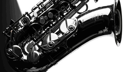 Obraz premium Close-up of a gleaming chrome saxophone, a classic musical instrument, in dramatic black and white.