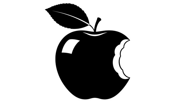 Bitten Black Apple Silhouette with Leaf and Stem