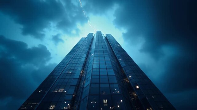 Skyscraper glass facade reflecting dramatic storm clouds and lightning, bokeh dark sky background