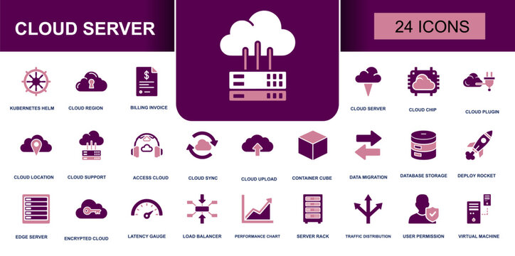 Cloud server icon set. Containing cloud sync, edge server, server rack, database storage, virtual machine, encrypted cloud, data migration and more. Solid fill vector icons collection.