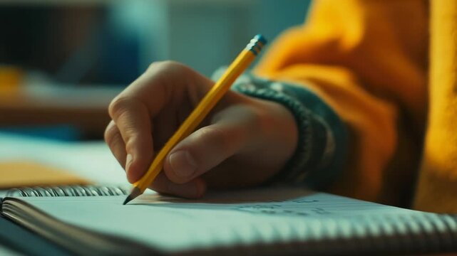Close up of a student's hand using a pencil, diligently taking notes in a spiral bound notebook, highlighting the focus and dedication to learning in an educational setting