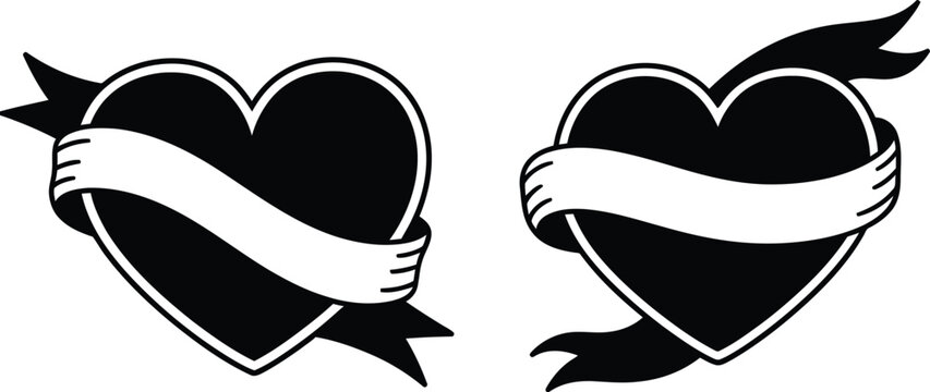 Two black hearts with white bandages and flames on a white background