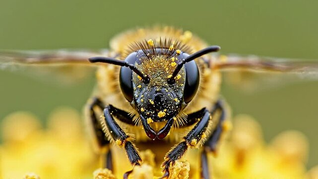 A close-up shot of a bee on yellow flowers in a natural setting