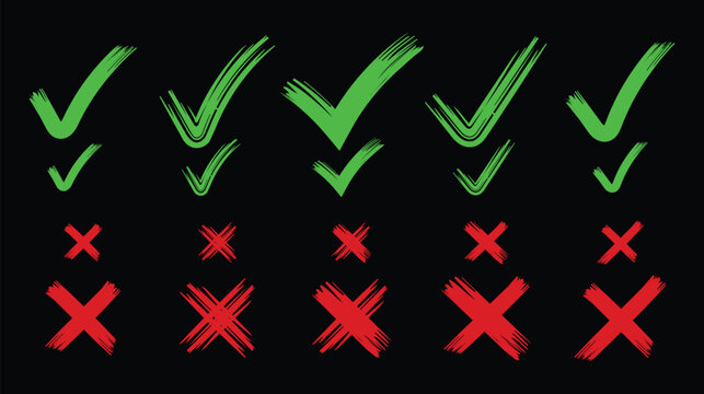 Set of hand drawn green check mark, red cross and black background. professional success and failure symbols, minimalist vector, green checkmark isolated on white.  vector  illustration.    