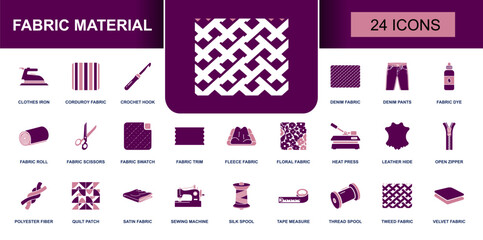 Fabric material icon set. Containing denim, tweed, velvet, fleece, satin, floral fabric, thread spool, sewing machine, zipper, tape measure and more. Solid fill vector icons collection. © Mellisa