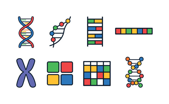 Genetic code biology: DNA double helix strand, RNA single strand, nucleotide base pair ladder, gene sequence strip, chromosome X shape, DNA base letters blocks, genetic code table