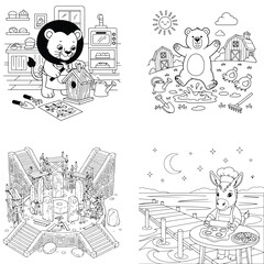 Obraz premium Line art coloring book pages with cute animals and intricate scenes for children's activity