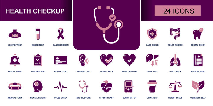 Health checkup icon set. Containing blood test, heart check, dental check, hearing test, lung check, sugar meter, allergy test, wellness and more. Solid fill vector icons collection.