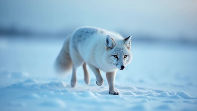 Arctic fox running across snowy tundra landscape at blue hour, bokeh icy horizon background