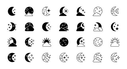 Fototapeta premium Minimalist flat vector illustration set of moon and night sky icons arranged in a clean grid layout.