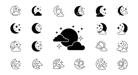 Obraz premium Minimalist flat vector illustration set of moon and night sky icons arranged in a clean grid layout.