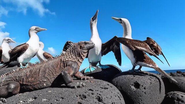 Marine Iguana and Blue Footed Boobies Courtship Display on Volcanic Rocks