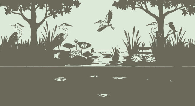 Heron Birds Flying and Standing by Pond.