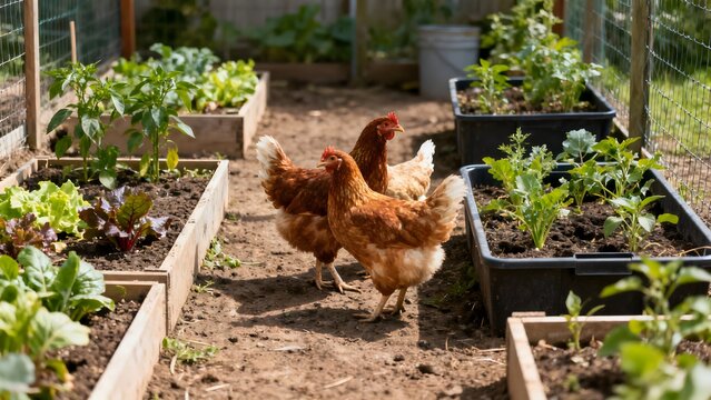 Urban Farming with Brown Hens in Backyard Raised Bed Garden, Sustainable Home Food Production and Small Scale Agriculture Concept
