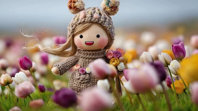 cute happy knitted girl in flower field in sping animation