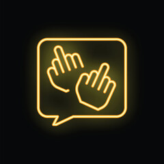 Obraz premium Yellow neon speech bubble showing middle finger up gesture on a dark brick wall background