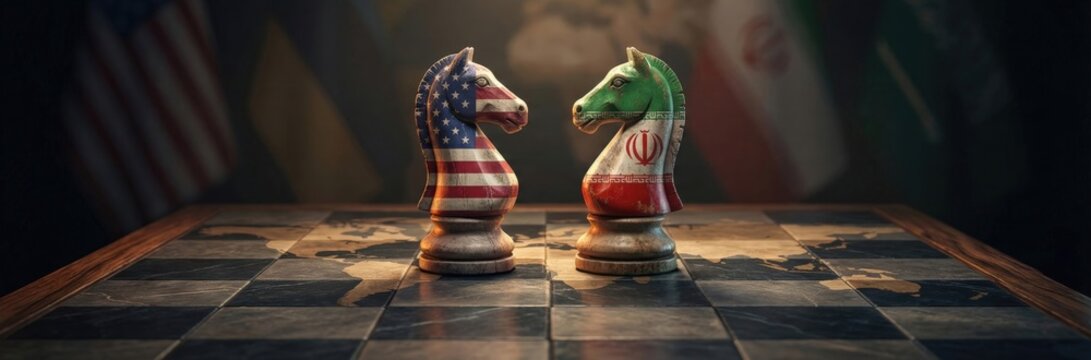 Chess knights with USA and Iran flags facing each other on a world map board. Geopolitical strategy and international conflict concept. Political standoff between United States and Iran