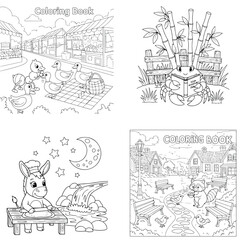 Obraz premium Fun coloring book page set for kids. outline drawings with cute animals and scenes
