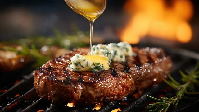 Steak being basted with butter and herbs on a grill