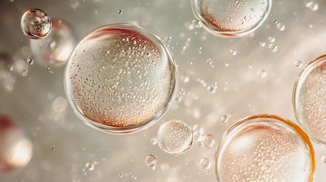 Macro photography of golden oil bubbles in liquid serum. Concept of molecular beauty, skin longevity, and deep hydration. Abstract scientific background for luxury skincare and premium cosmetics.