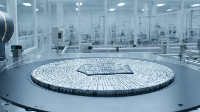 Precision in the Semiconductor: A high-tech microchip sits centered within an automated manufacturing environment, capturing a glimpse into the sophisticated world of electronic innovation.