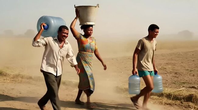People Carrying Water Jugs Across Desert Landscape - Drought Relief and Humanitarian Aid Scene Video