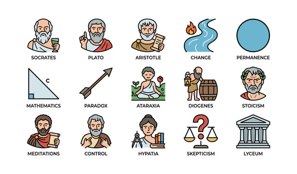 Greek philosophers: socrates, plato, aristotle and concepts illustrated