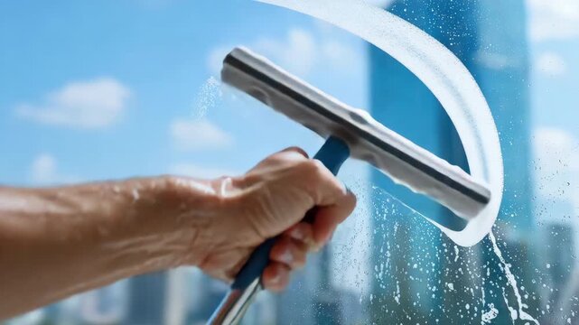 Window cleaning in action: squeegee removes water from glass with city skyline background