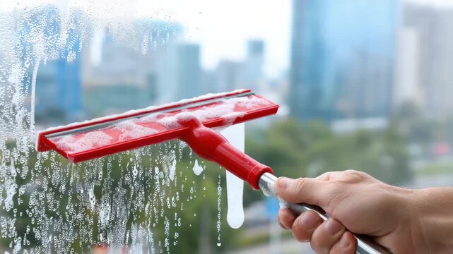 Cleaning highrise windows with red squeegee in urban environment