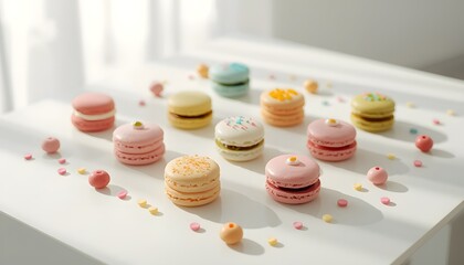 Fototapeta premium Elegant pastel colored macarons arranged on white table with soft natural light creating bright and charming atmosphere perfect for bakery dessert and sweet treat concepts