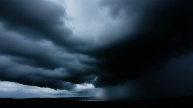 Dramatic thunderstorm clouds unleash heavy rain over rolling hills in timelapse sequence