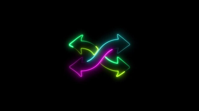 Abstract neon glowing random shuffle arrows sign animated on black background seamless loop