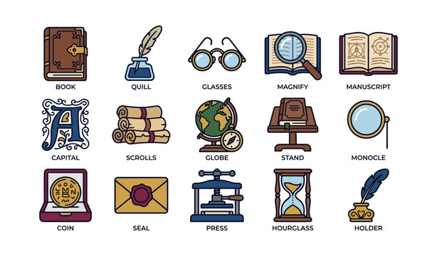 Vintage library icons collection featuring books, quill, globe, and magnifying glass