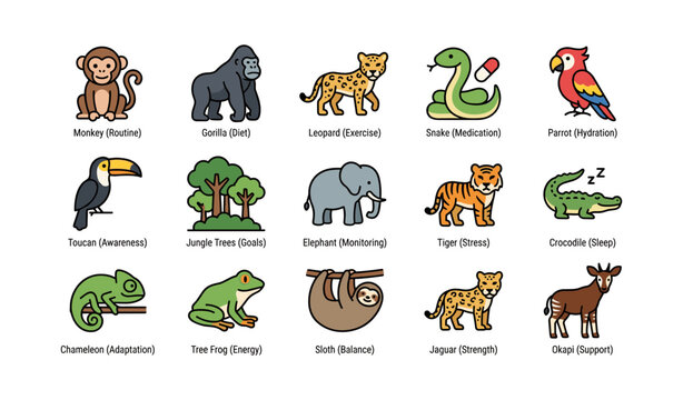 Jungle animals and their activities: monkey, gorilla, leopard, snake, parrot, toucan, elephant, tiger, crocodile