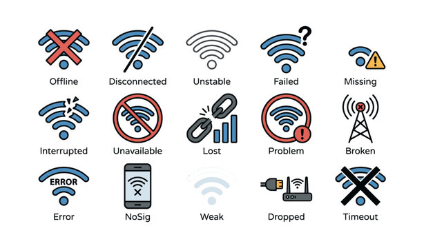Icon set of wi-fi connectivity issues including offline, disconnected, unstable, and error symbols