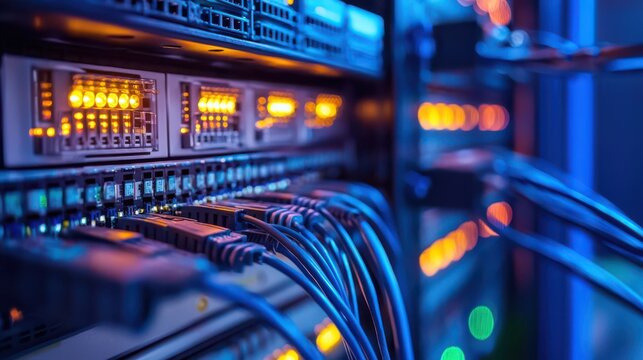 Close-up of a complex network server rack with multiple cables and lights, highlighting the intricate details of a modern data center infrastructure.