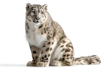 Obraz premium A snow leopard sits calmly on a white background looking towards the viewer