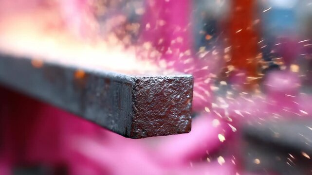 Metal grinding sparks fly as steel beam is processed in industrial workshop