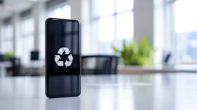 Smartphone on Office Desk Displaying Universal Recycling Symbol for E-waste Awareness and Sustainability