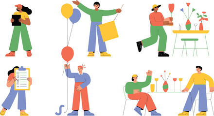 Fototapeta premium People celebrate an occasion with colorful balloons and gift bags in an open.