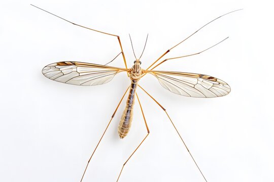 A crane fly with delicate wings and long legs is shown against a white background